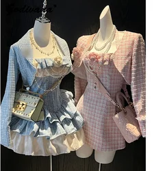 Romantic Atmosphere Anniversary Pink Dress Set Girl Ladies Elegant Short Plaid Coat Tweet Jacket Halter Mini Dress 2 Pieces Suit