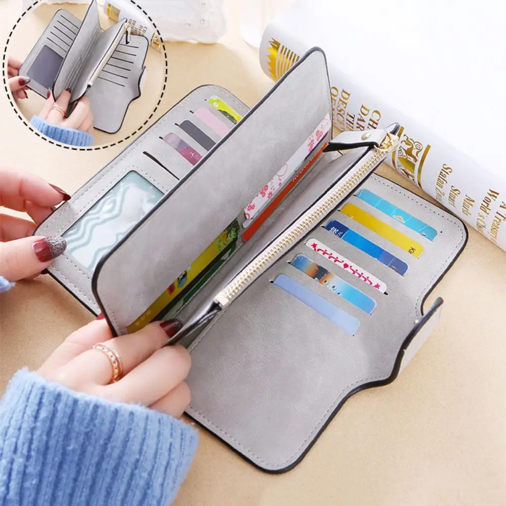 

Card Holder Frosted Three Folding Wallet Hasp Handheld Credit Card Bag Phone Bag Long PU Leather Coin Purse Male