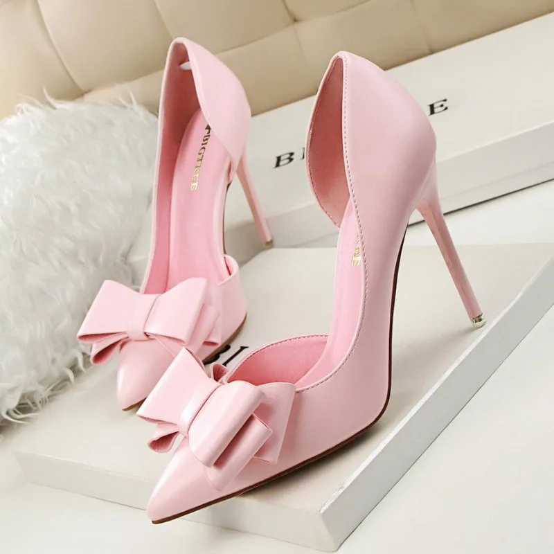

French girl fairy blue high heels,women's bow sexy pointed thin heels,internet famous professional side empty single shoes white