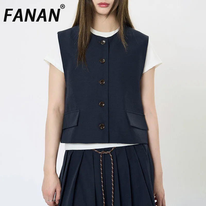 FANAN Solid Minimalism Ves For Women Round Neck Sleeveless Single Breasted Office Lady Fit Tops Fashion 2025 Spring New