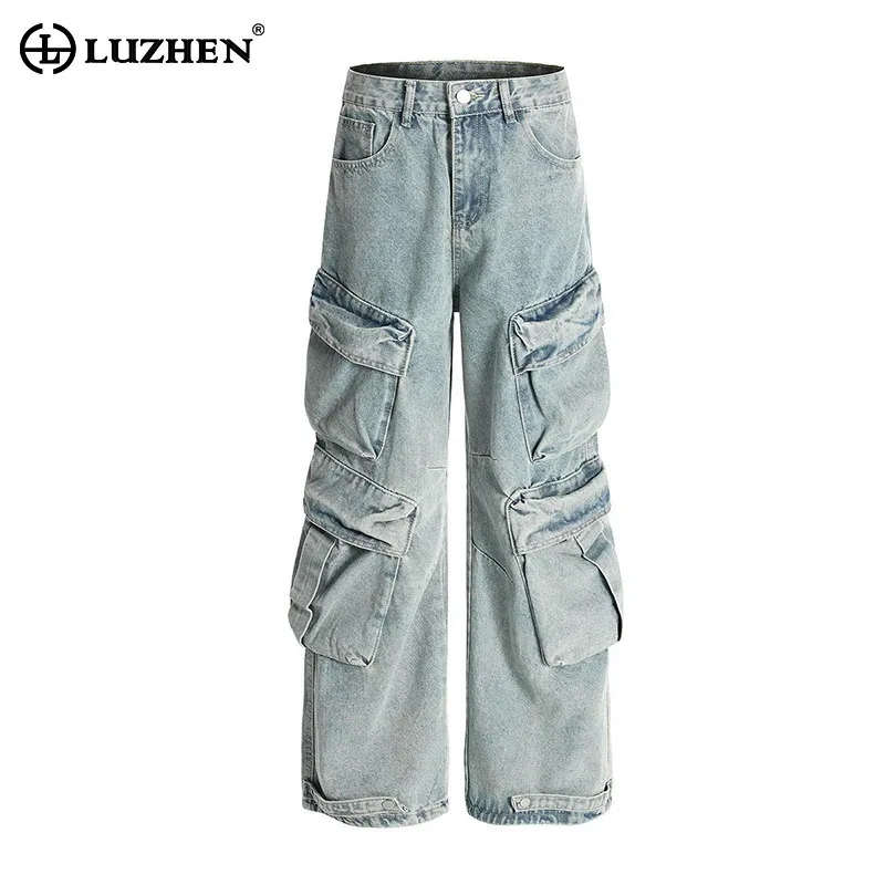 

LUZHEN 2025 Original Multi Pockets Design Straight Cargo Denim Pants Men's Fashion High Quality Solid Color Washed Jeans JY3347