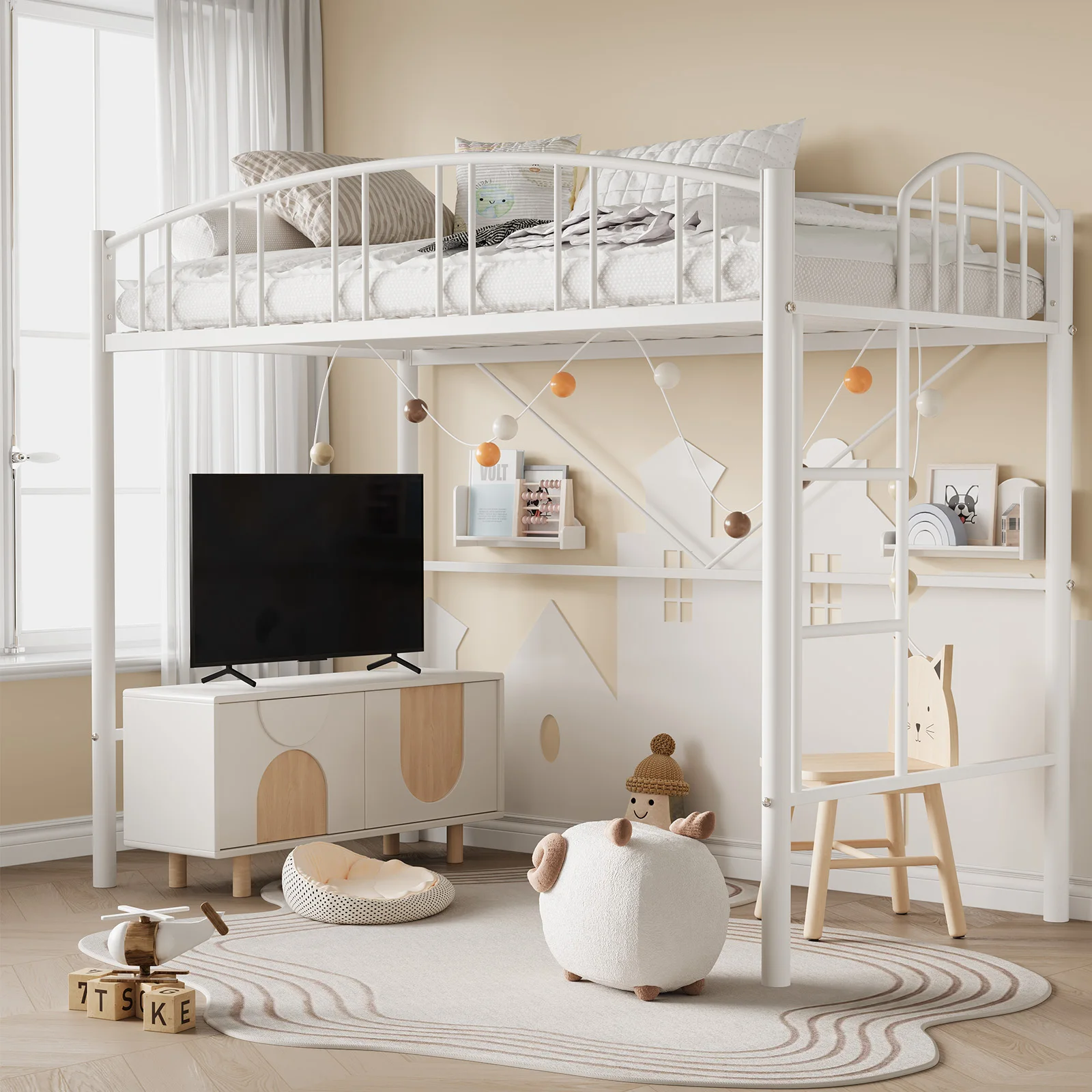 GarveeLife Heavy Duty Space-Saving Twin Metal Loft Bed Frame – Modern Arched Guardrail, Secure Ladder, Ideal for Kids & Teens, Durable Construction, No Box Seasonal Needed,White