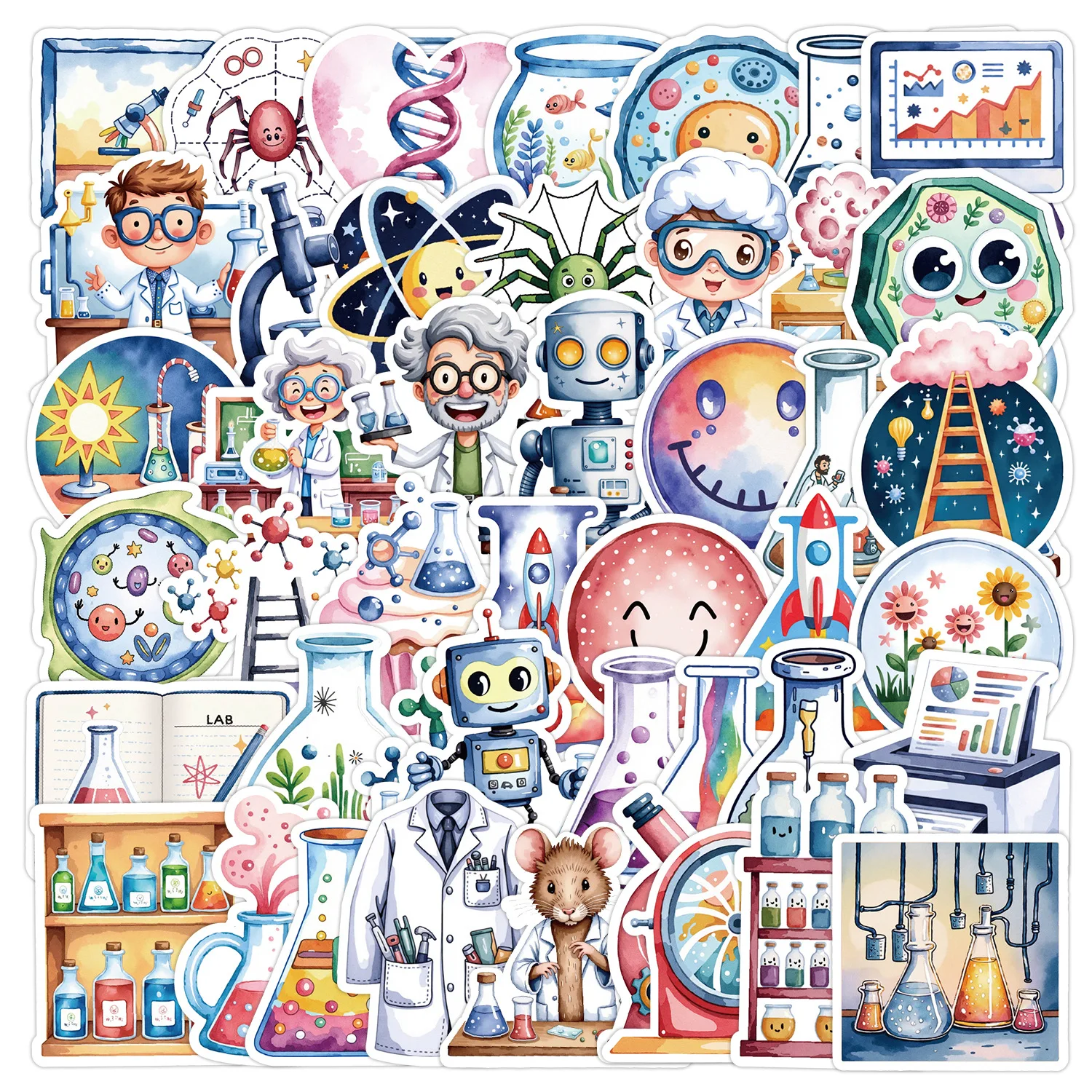 50/100 Stück Cartoon Fun Science Lab Theme Doodle Aufkleber abnehmbar keine Wiederholung für Telefon Tasse Aufbewahrungsbox Gitarre Aufkleber