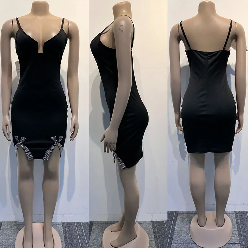 Abiti da festa con fiocco con diamanti e strass Abiti da donna senza maniche con cinturino per spaghetti con scollo a V e tubino senza schienale Mini abito da ballo per night club sottile