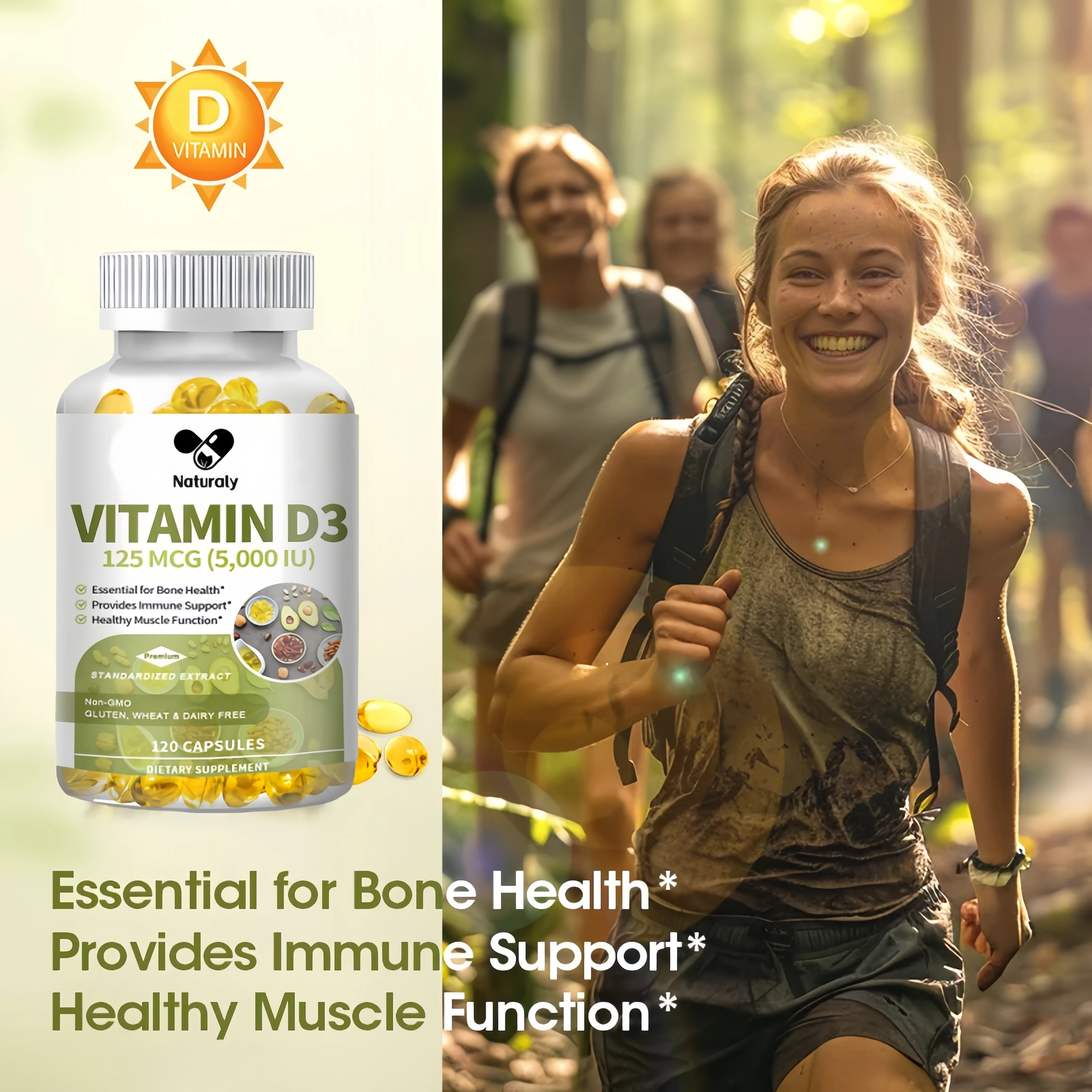 Vitamin D3 5000 IU 125 mcg Vitamin D3 Capsules Healthy Muscle Function Helps Support Immune Health Strong Bones Teeth