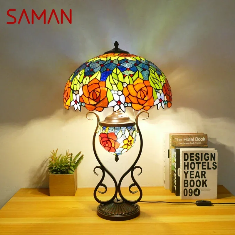 

SAMAN Tiffany Table Lamp American Retro Living Room Bedroom Lamp Luxurious Villa Hotel Stained Glass Desk Lamp