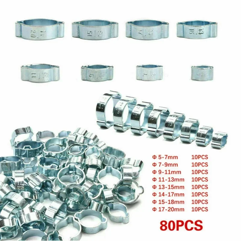 80Pcs 5-20mm Hose Clamp Double Ears Clamp Worm Drive Fuel Water Hose Pipe Clamps Clips+1PC Clamps Plier For Woodworking