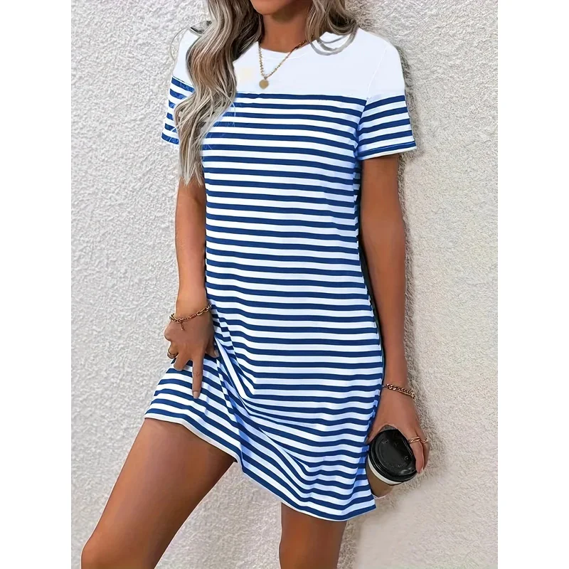 แฟชั่นสันทนาการคลาสสิกลายแขนสั้นสีจับคู่เสื้อยืดกระโปรงฤดูร้อนรอบคอชุดเดินทางผู้หญิงสีฟ้า