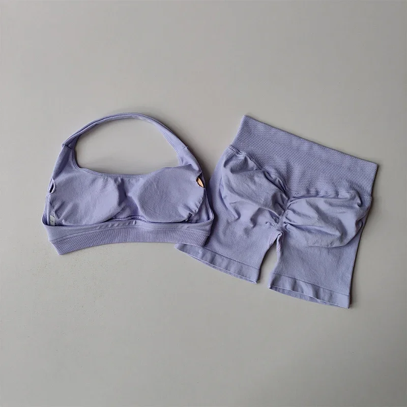 2-teiliges Set: Sexy Neckholder-Sport-BH in Pfirsichfarbe und High-Waist-Shorts für Damen, geeignet für Pilates, Yoga, Training, Fitness, mit schönem Rückenausschnitt und formgebendem Effekt. – Detail 6
