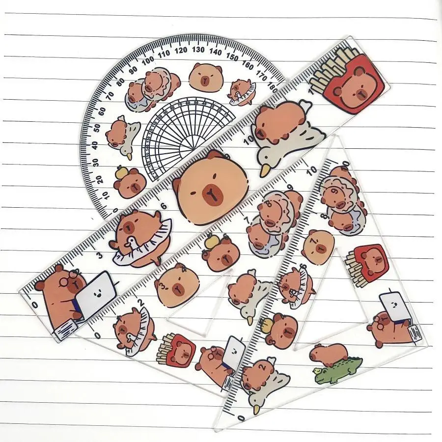 4PCS  Creative Acrylic Capybara Set of Rulers Drawing Tools Cute Cartoon Soft Ruler Set Office Supplies Set Square