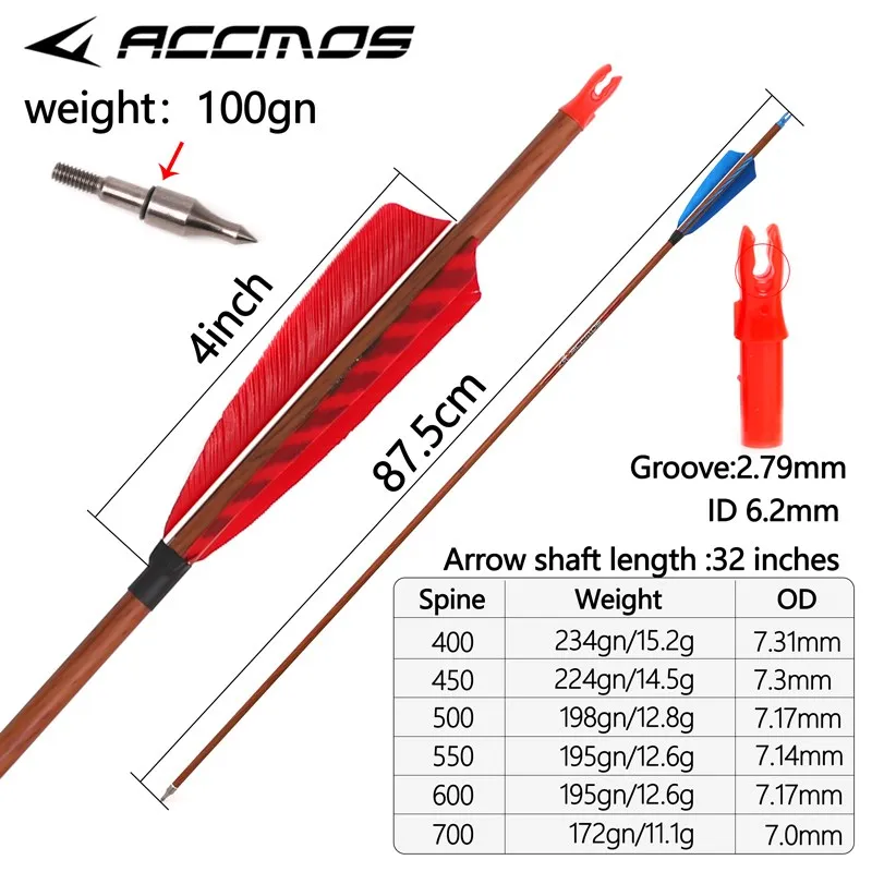 6/12pc Wood Skin Pure Carbon Arrows 31 inch Spine 350 400 450 500 550 600 700  for Longbow Recurve Bow Hunting