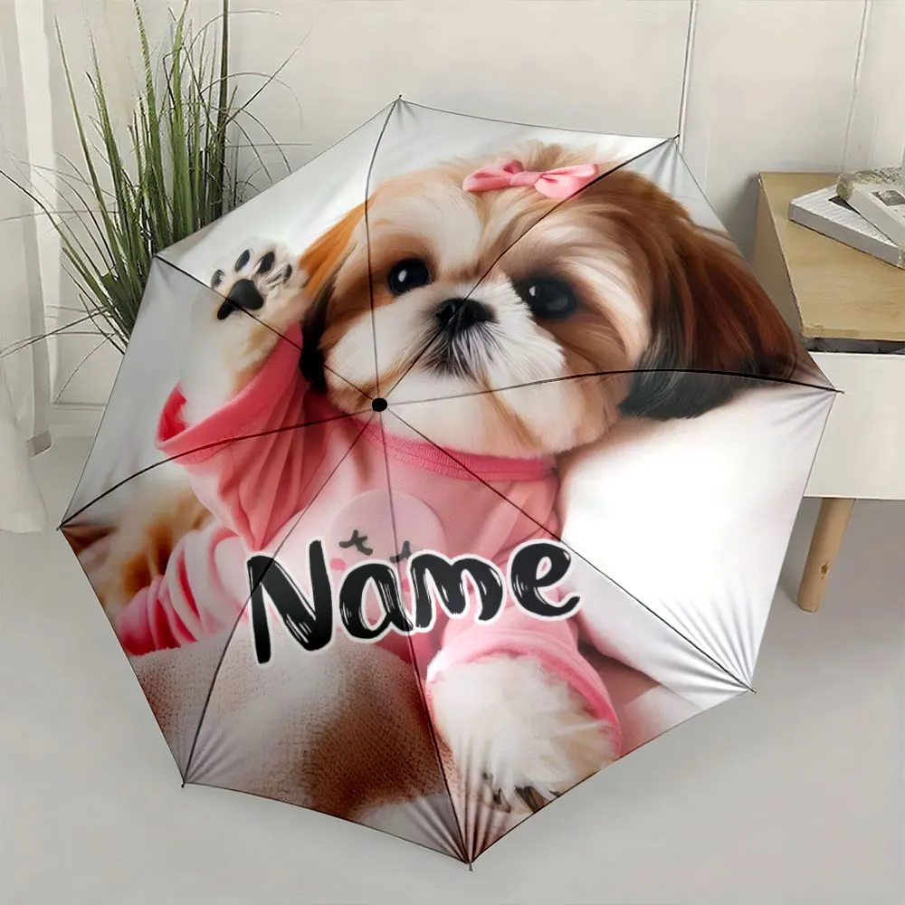 Custom Name Umbrella, Cute Puppy Design on Pink Outfit Umbrella for Pet Lovers Folding Umbrella for Sunny and Rainy,Gift