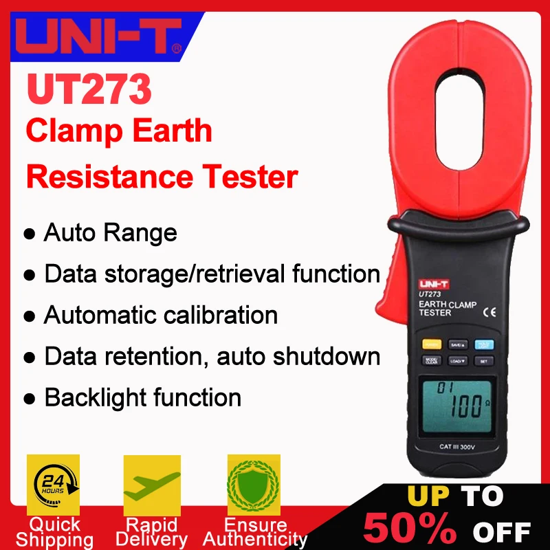 UNI-T UT273 Digital Clamp Earth Ground Tester Resistance Meter 0-1000 Ohm 10000 Counts 28mm Jaw 300 Data Storage
