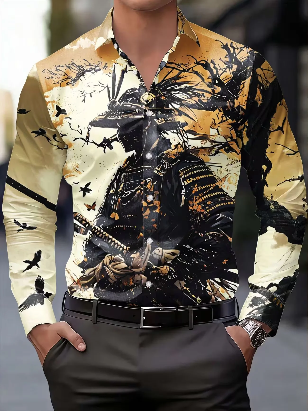 

New cyberpunk style green and blue sphere print men's long sleeved shirt, personalized and trendy casual shirt