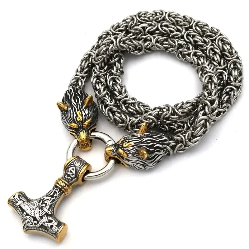 

1PC 80cm EDC Self defense Gold Nordic Viking Quake Necklace Men's Wolf Pendant Bracelet Outdoor Stainless Steel Handmade Chain