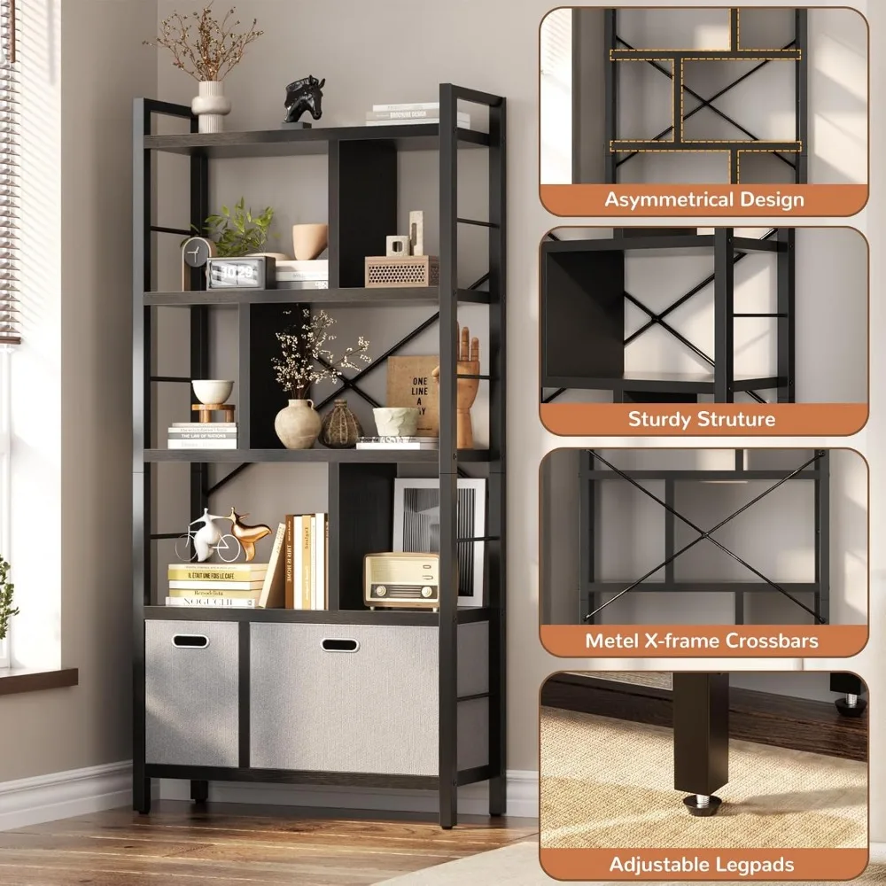 Tall Bookshelf with Drawers - 5 Tier Bookcase Modern Book Shelf Display Standing Shelf Units with Storage, Wood