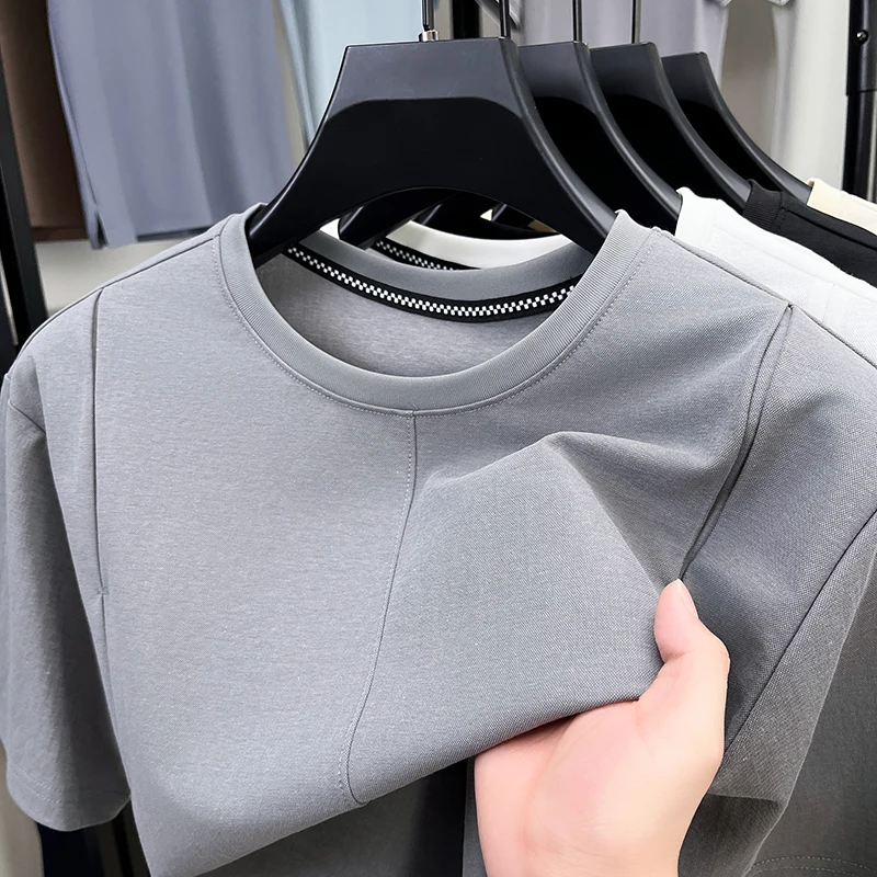 

2025 Summer Breathable Round Necked T-shirts Korean Solid Color Casual business Short Sleeve T-shirt Comfortable Breathable Tees