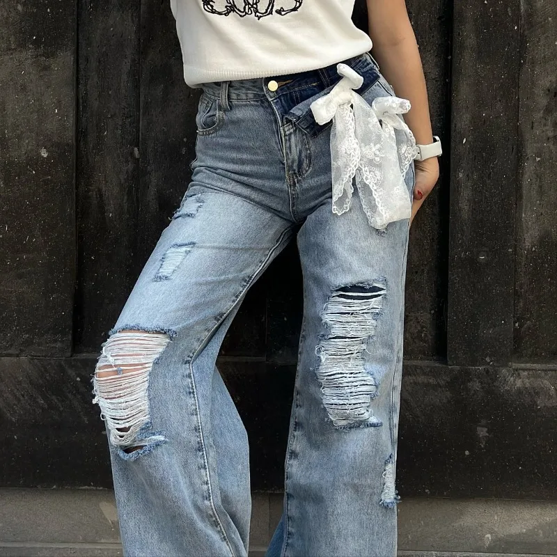 High Waist Tassel Broken Denim Shorts Frayed Hollow Tassel Female Summer Korean Straight Wide Leg Loose Y2K Hip Hop Jean Women