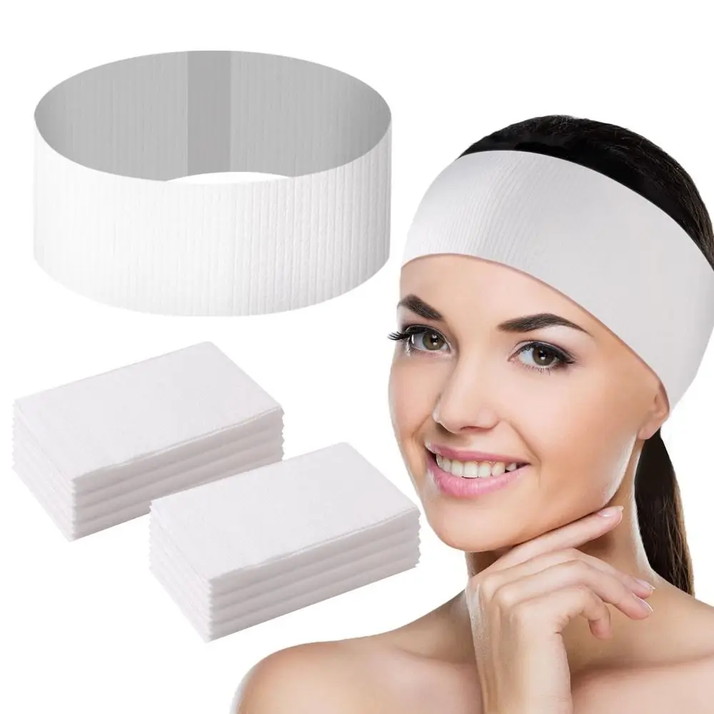 50pcs/bag White Disposable Headbands Disposable Non-Woven Headband Wrap with Adjustable Magic Tape Esthetician