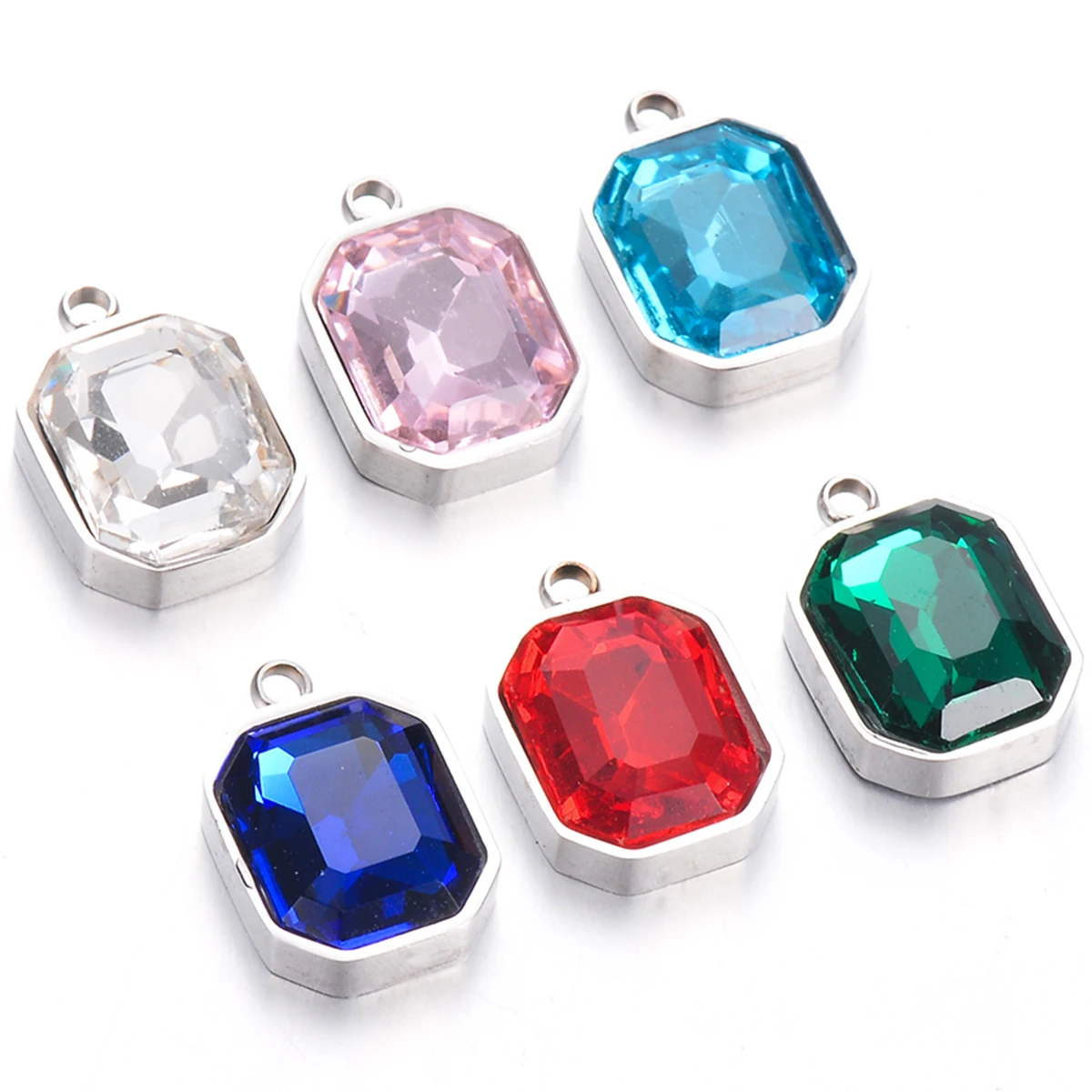 10pcs Stainless Steel Square Multicolour Cubic Zirconia Charms Pendant Silver Color for DIY Necklace Making Jewelry Accessories