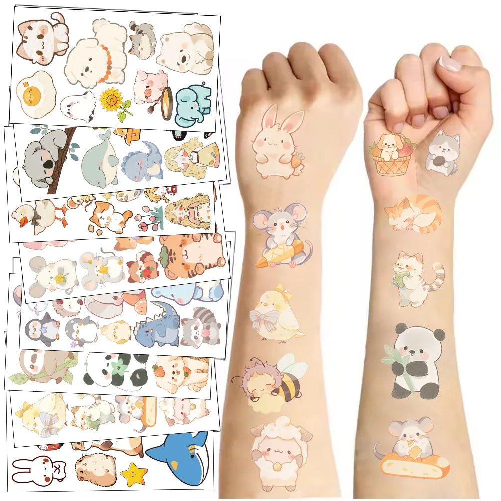 Autocollants de tatouage temporaire d'animaux pour enfants, série de dessins animés mignons, chien, chat, lapin, cadeau d'anniversaire amusant, nouveau, 10 pièces