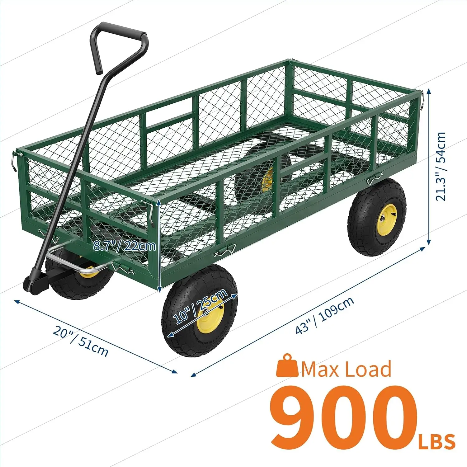 Heavy Duty Steel Utility Dump Wagon, 900 lbs Capacity Garden Yard Cart with Removable Sides Converts to Flatbed, 180° Rotating Handle and 10 in All Terrain Wheels for Lawn Farm Backyard