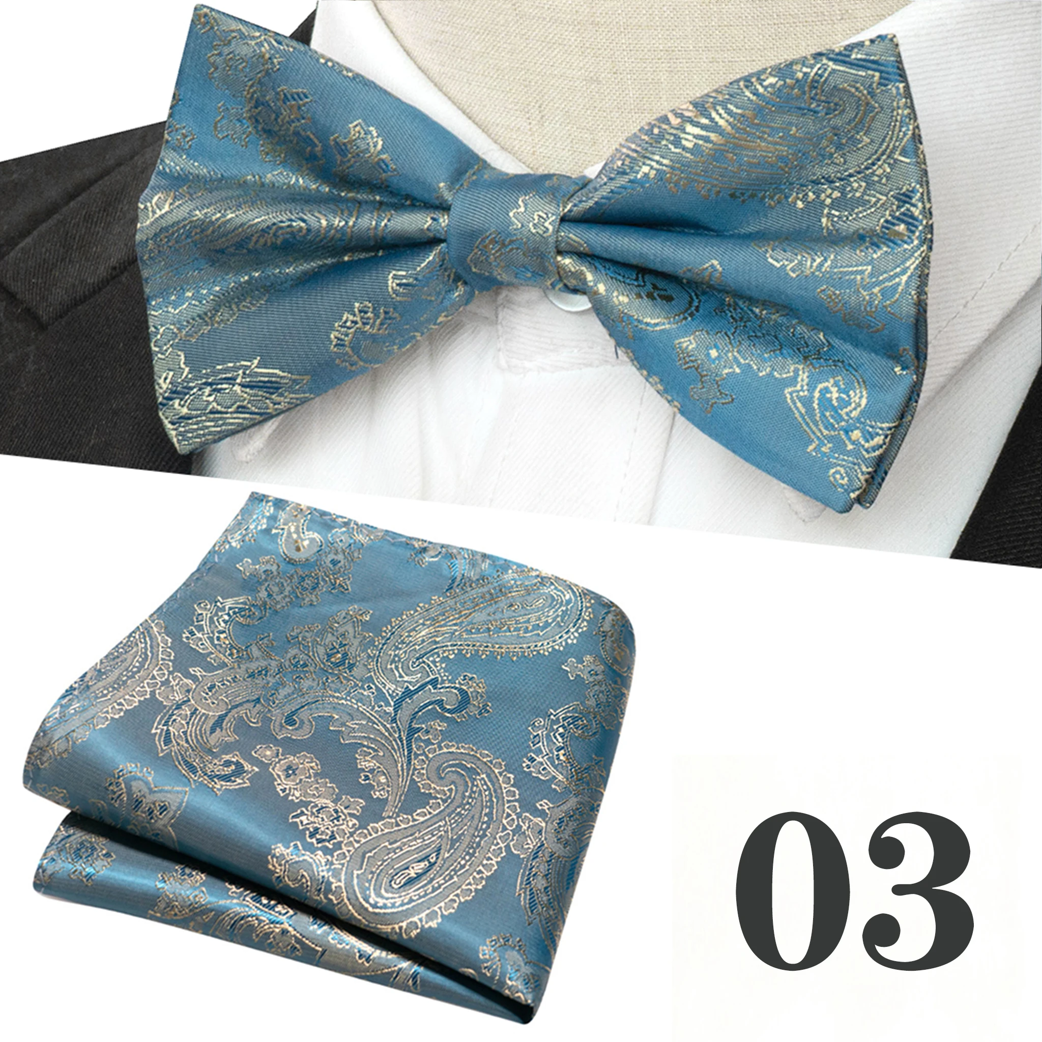 Luxuriöses Paisley-Muster Seidenfliege und passendes Einstecktuch-Set für Herren – Elegantes formelles Accessoire für Hochzeiten und Galas – Detail 10