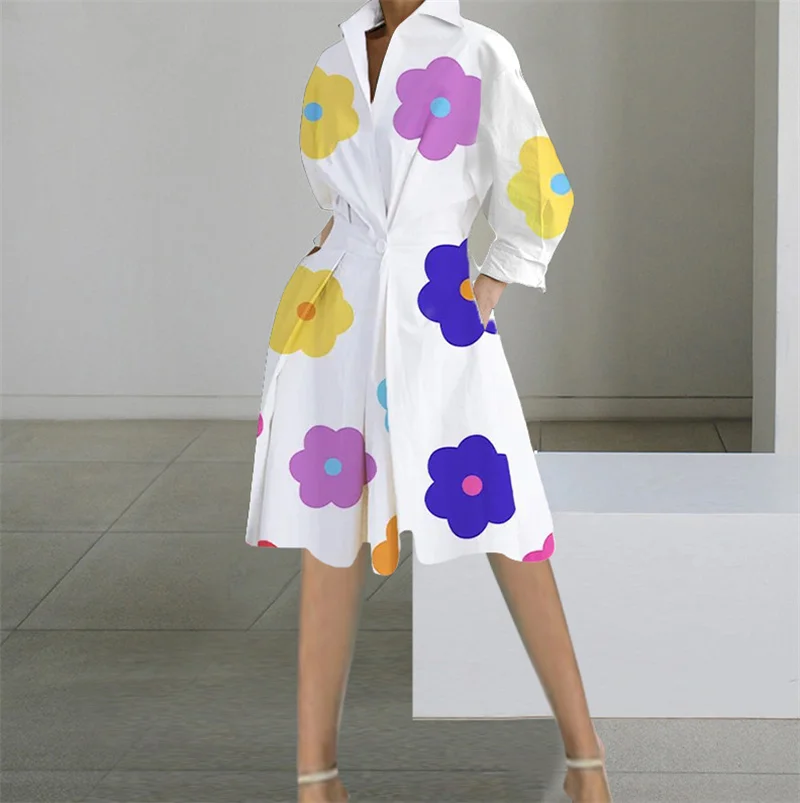 Women's Autumn Dress Long Sleeve Dot Print Elegant Midi Dresses White Casual V Neck Pockets Women Shirt Party Dresses Vestido