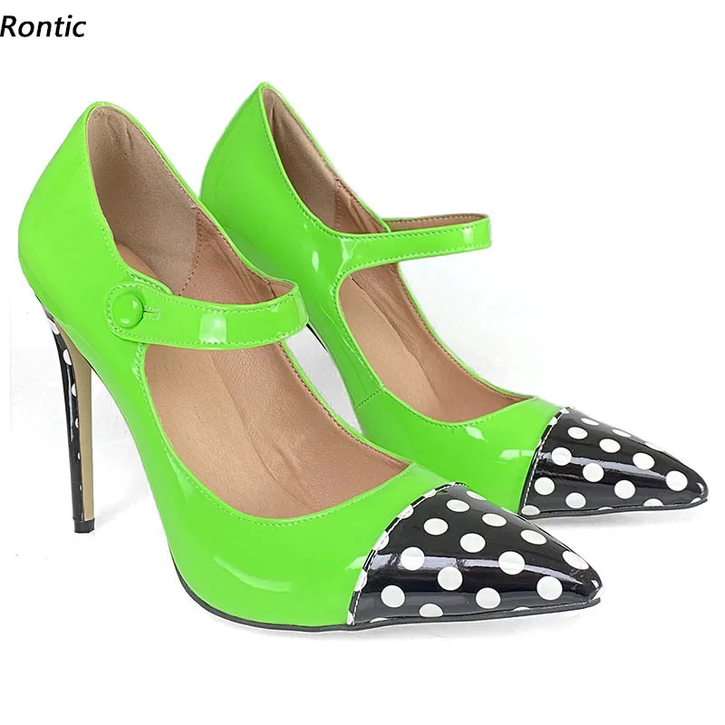 

Rontic Handmade Women Pumps Patent Leather Polka Dot Stiletto Heels Pointed Toe Gorgeous Pink Red Green Dress Shoes US Size 5-15