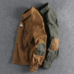 Men's Long Sleeve Cargo Shirt Premium Solid Sleeve Patch Washing Jacket Lapel Japan Style Simple Handsome Caucal Outwear Coats