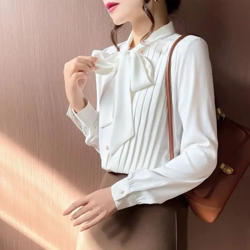 Spring Autumn Pleated Bow Lacing Shirt Tops Long Sleeve Solid Color Loose Office Blouse Temperament Fashion Women Clothing V1411