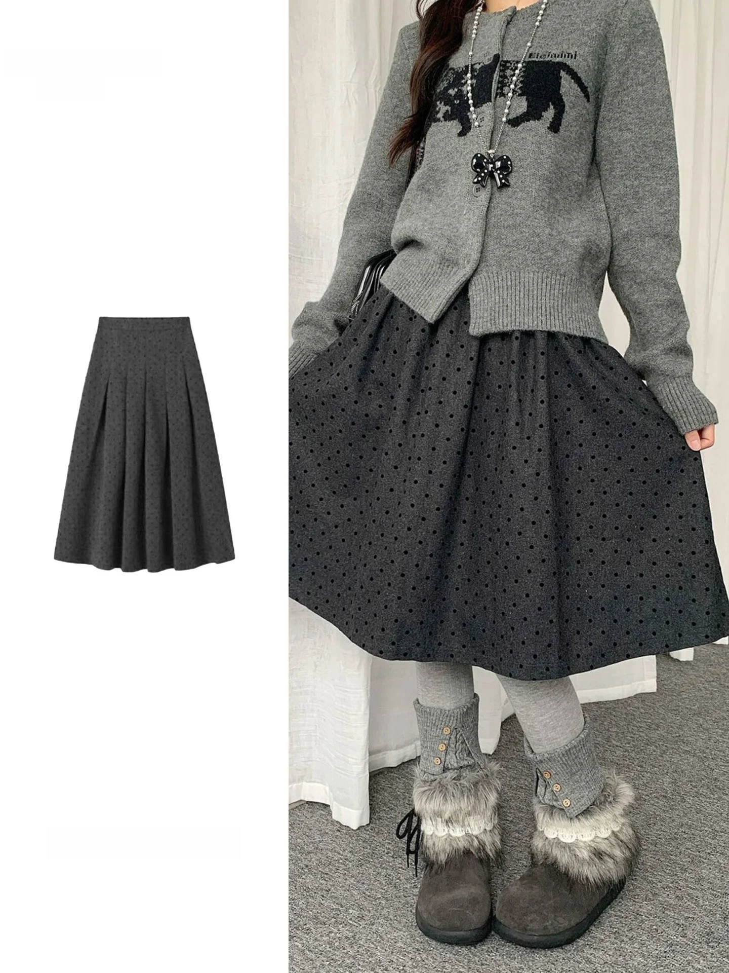 

High Waist A-Line Skirt for Women in Grey Polka Dot Woolen Fabric plus Size Casual Autumn Winter New Arrival