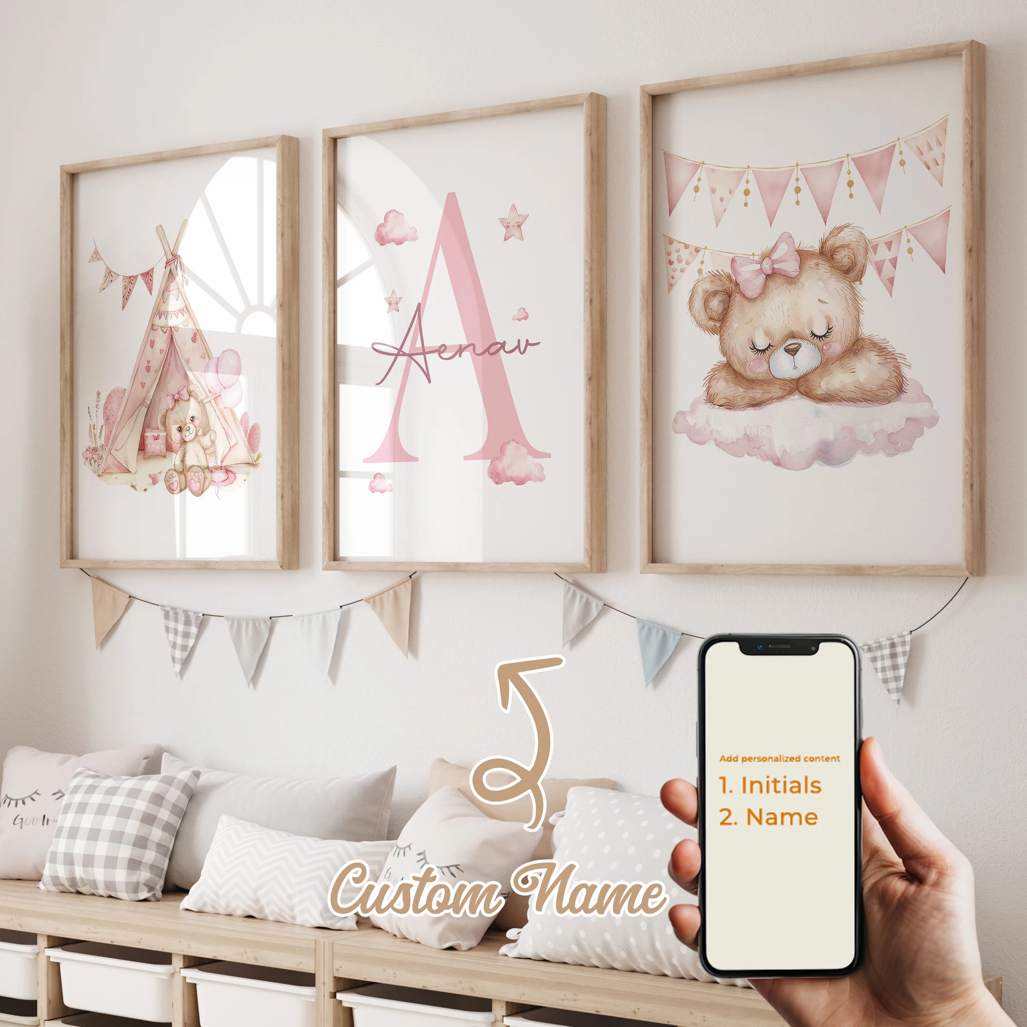 3pcs Personalized Custom Name Cartoon Pink Bear Wall Art Print Picture Canvas Painting For Living Child Room Home Decor