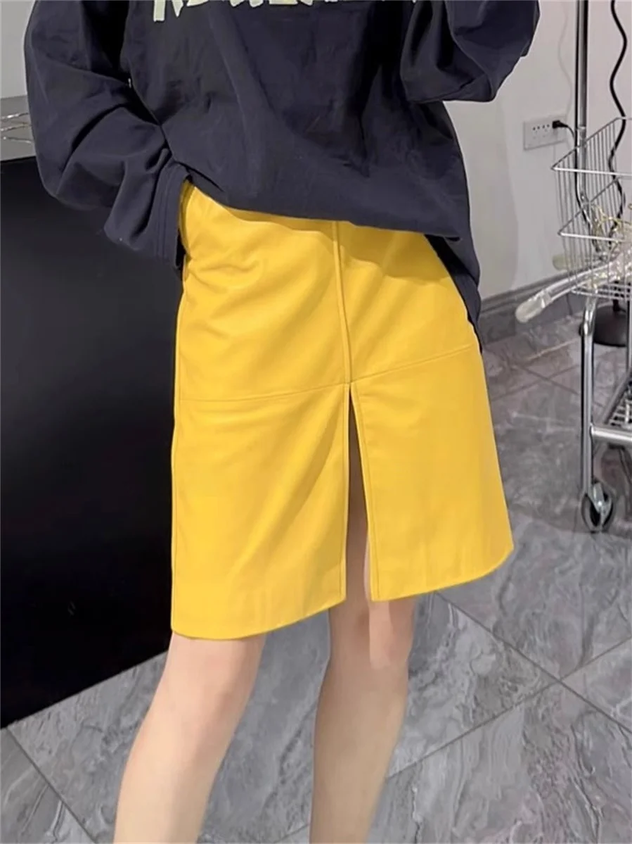 

Женская кожаная юбка миди с высокой талией, А-силуэт, из овчины, облегающая, черная, для весны и осени