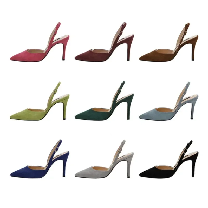 

Summer Wedding Women Pumps Flock 8CM Thin High Heels Buckle Strap Pointed Toe Shallow Solid Women's Shoes Party Designer