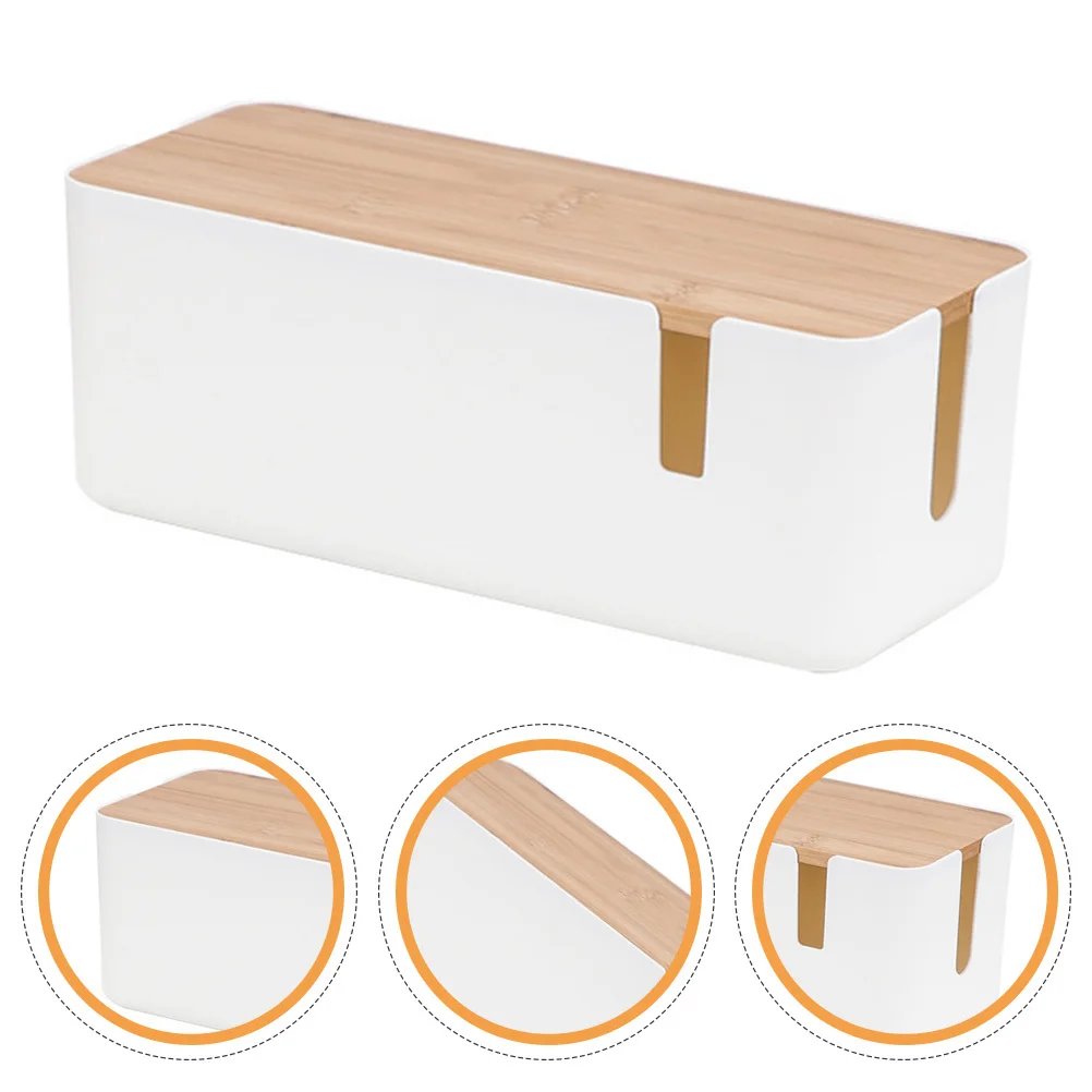 

Cable Storage Box Bamboo Lid Durable Plastic Organizer Cable Management Box for Power Strips Chargers and Cords Home Wire