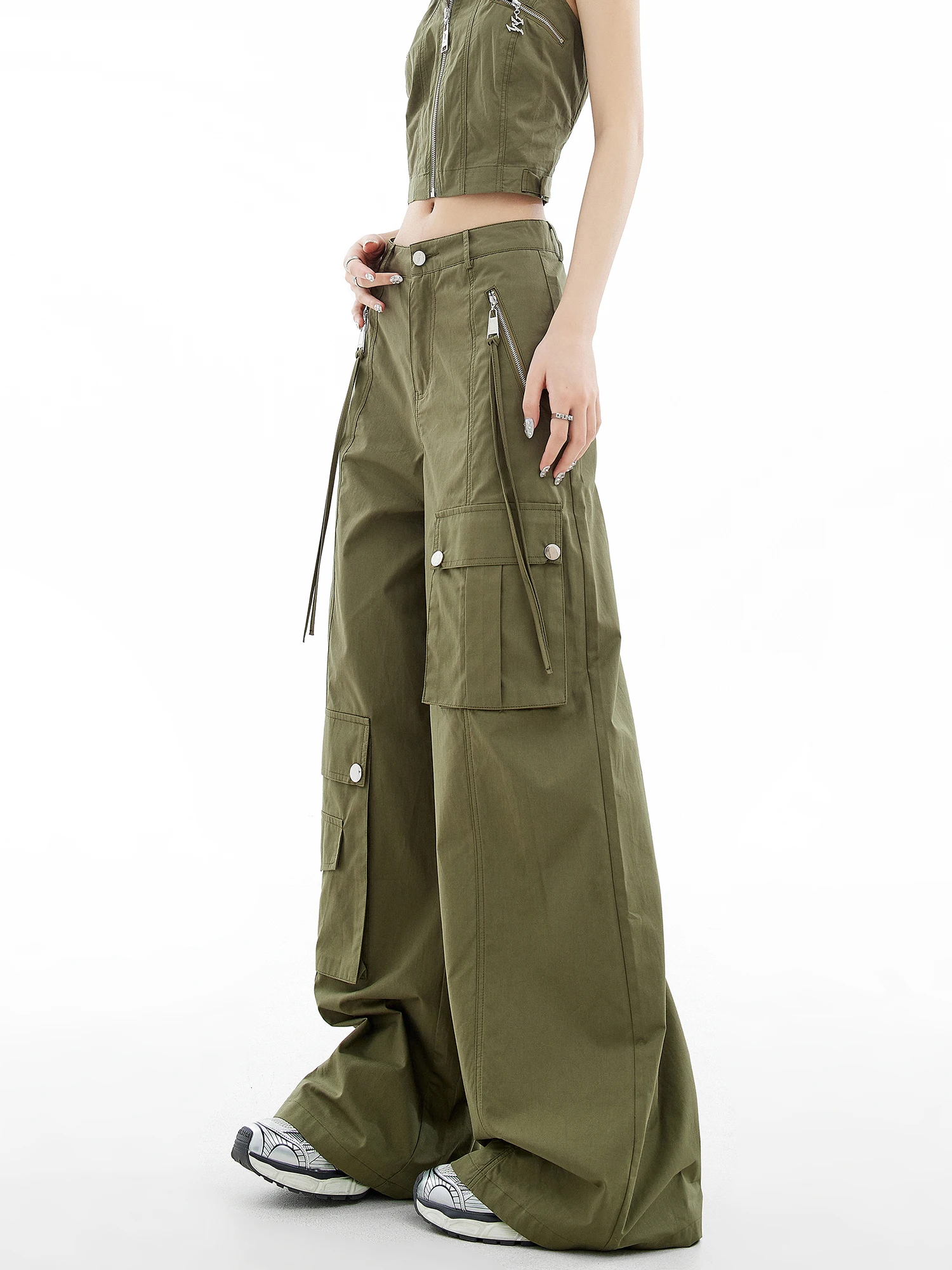 American Retro Army Green Cargo Pants Women 2024 Autumn Streetwear Fashion Loose Slim Casual All-Match Wide-Leg Pants Trousers