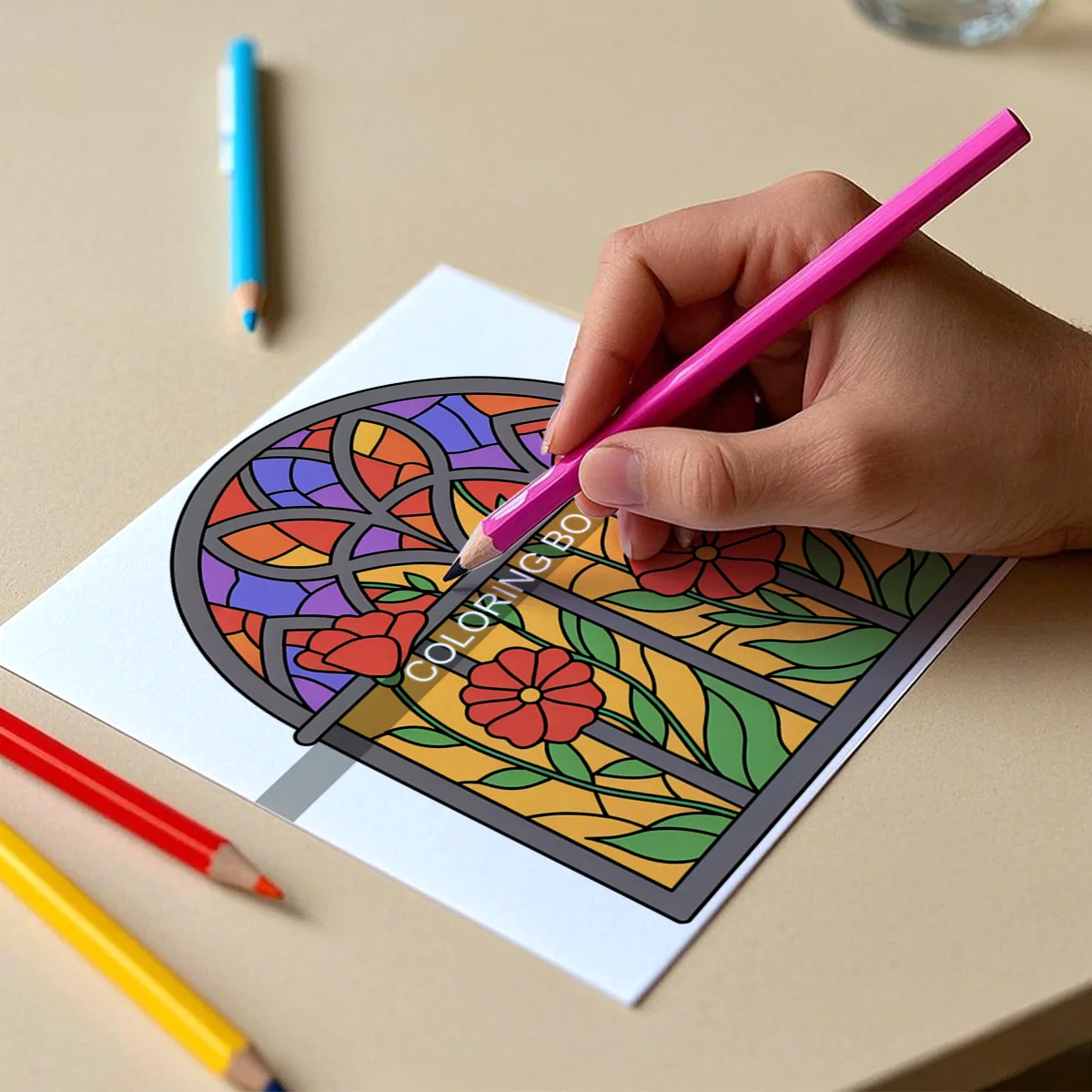 Coloring Book For Adults - Vibrant Flower Designs Reflecting on Glass, Creative and Relaxing Color Doodle Fill Book