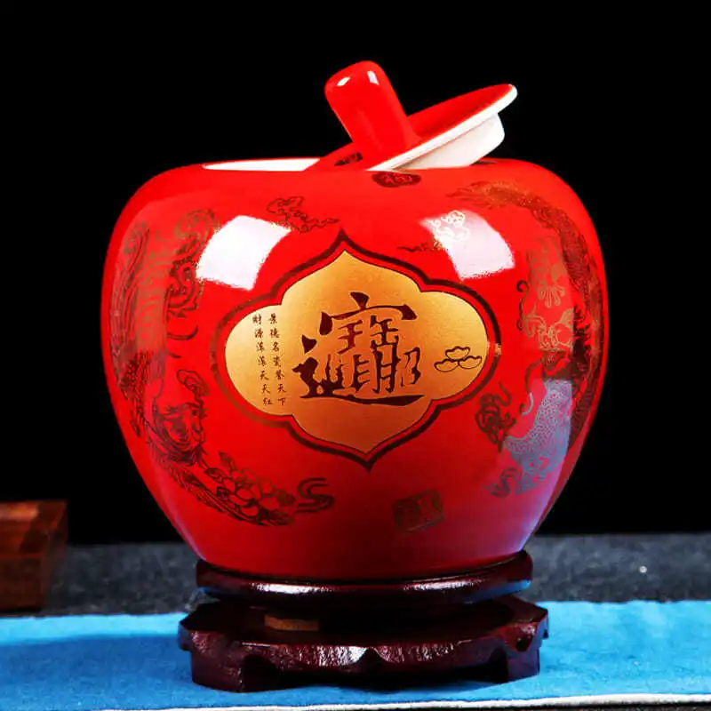 Jingdezhen-tarro de almacenamiento de manzana roja de cerámica, adorno de decoración del hogar para sala de estar de estilo chino, regalo de boda