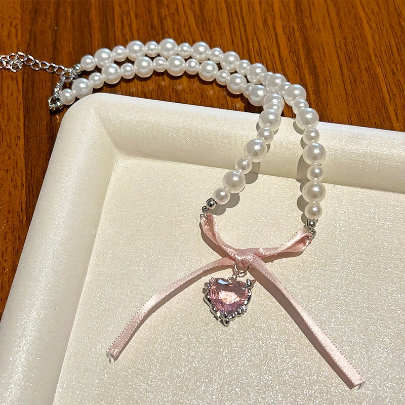 Kpop الحب قلب القوس قلادة للنساء ، سلسلة اللؤلؤ الزركون الوردي ، الحلو Y2K المجوهرات الجمالية ، هدية الحزب ، تخفيض كبير #4