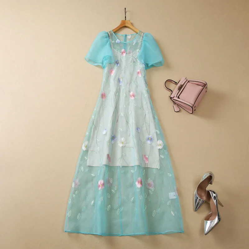 

European and American women's clothes 2023 summer new Short-sleeved puffed sleeves Fashion Flower Embroidered Blue Dress XXL