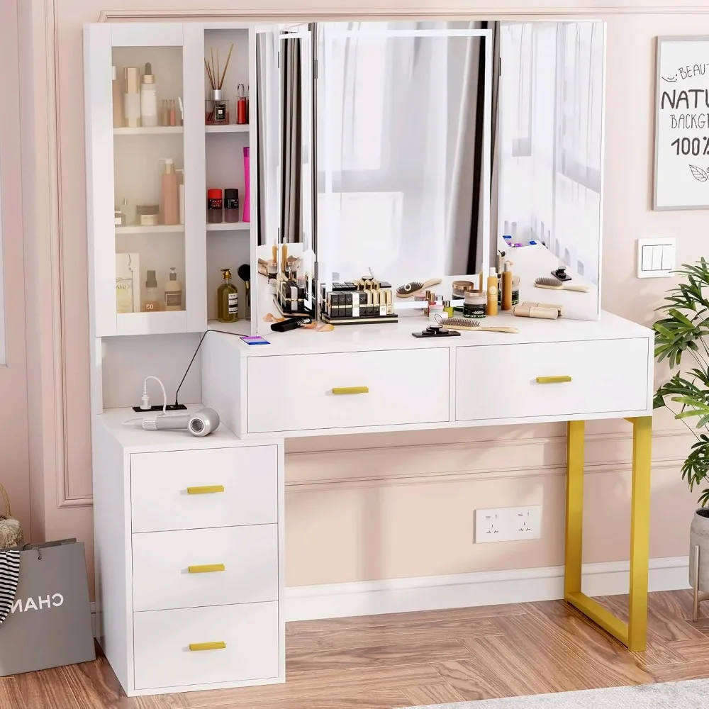 

Vanity Desk with Mirror and Lights, Makeup Vanity with Charging Station, 3 Lighting Colors, Makeup Desk Dressing Table