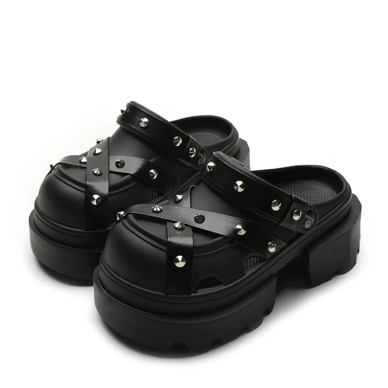 New Y2K Dark Punk Rivet Women Mule Clogs, Summer Outdoor‑Wear Thick Platform Muffin‑Sole Backless Slip‑On Shoes