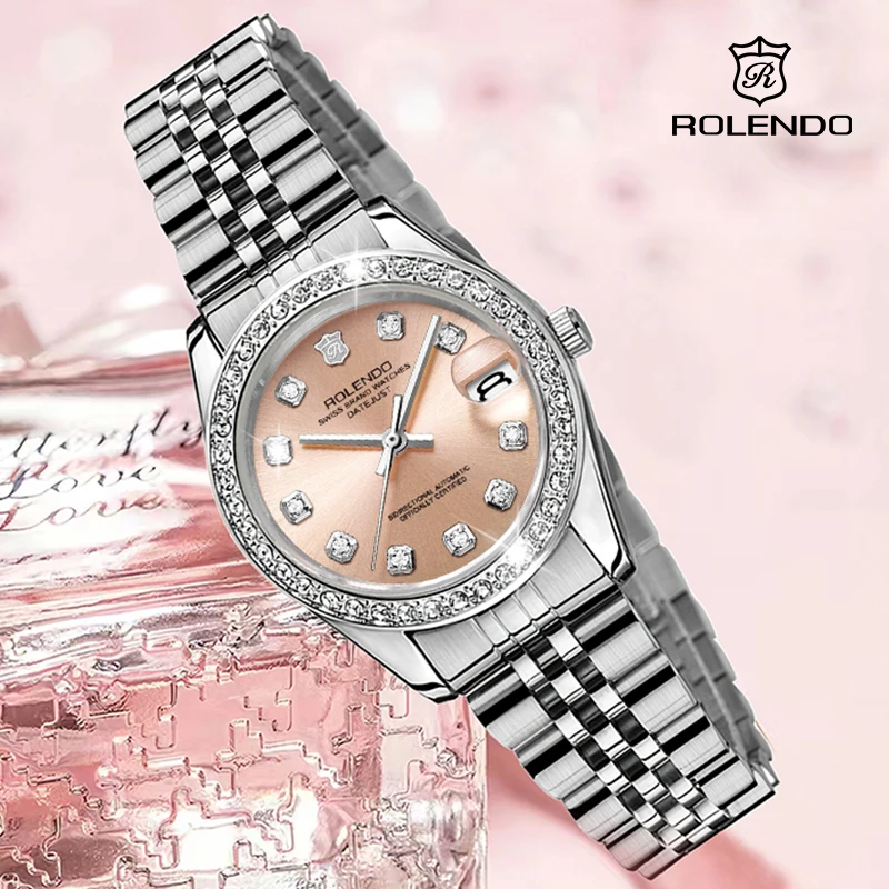 

ROLENDO Diamond-Set Date Watches for Woman Sun-brushed dial Sapphire Crystal Waterproof Classic Emerald Automatic Wristwatch