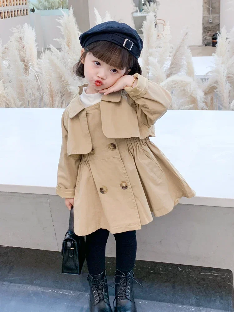 

England Style Spring Autumn Cotton Girl Toddler Trench kids Windbreaker Fashion Little Girl Double Breasted Jacket Outfits