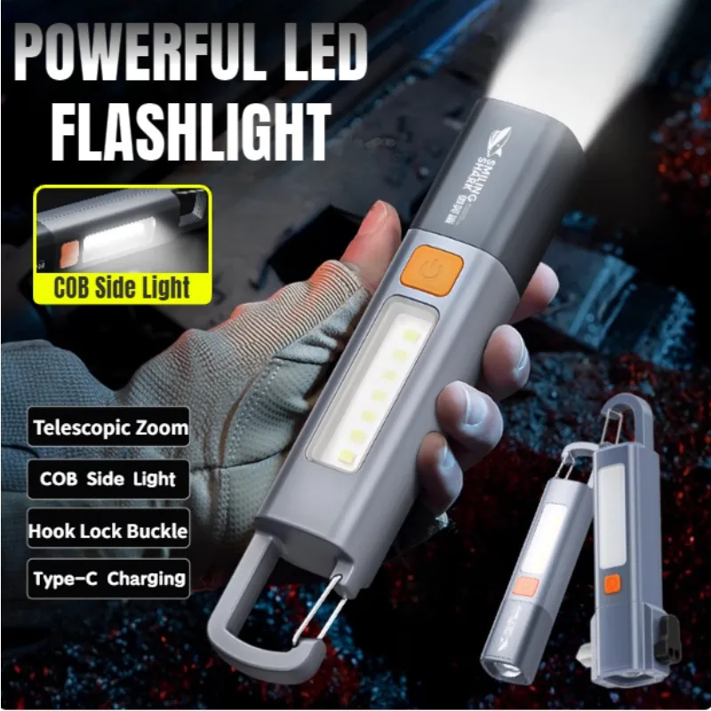 Mini Portable Buckle Flashlight Built-in Battery COB Side Light Telescopic Zoom Torch USB Charging Life Waterproof Camping Light