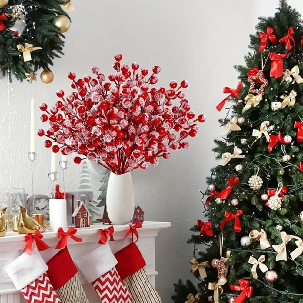 

10Pcs DIY Red Berry Branche Snow Frosted Reusable Christmas Tree Pendant Bendable Wreath Decor Fake Plant Home Decoration