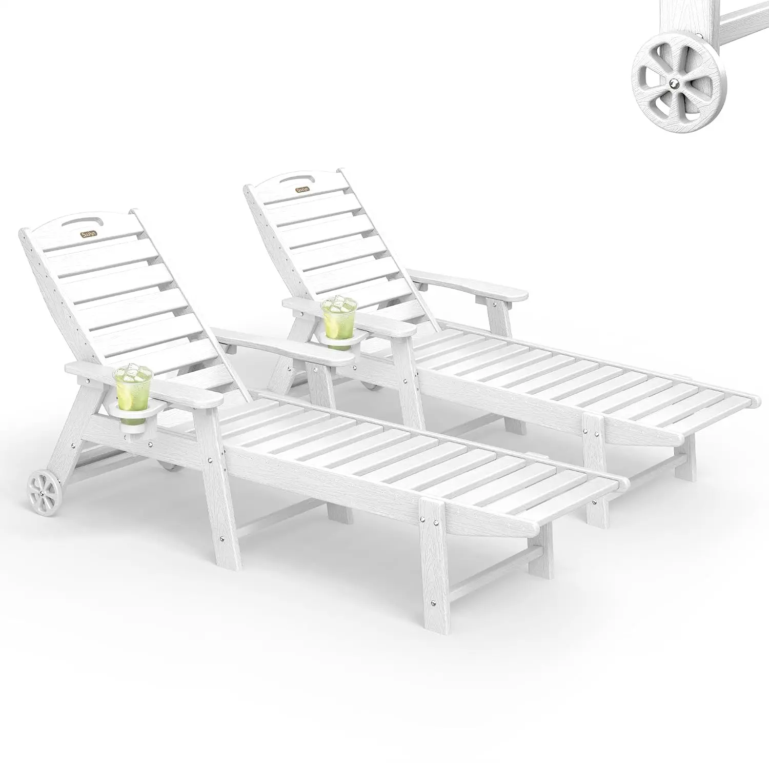White HDPE Chaise Lounge Set 2, Wood Texture 5-Position Backrest Wheels Cup Holder Pool Deck Patio, Customized