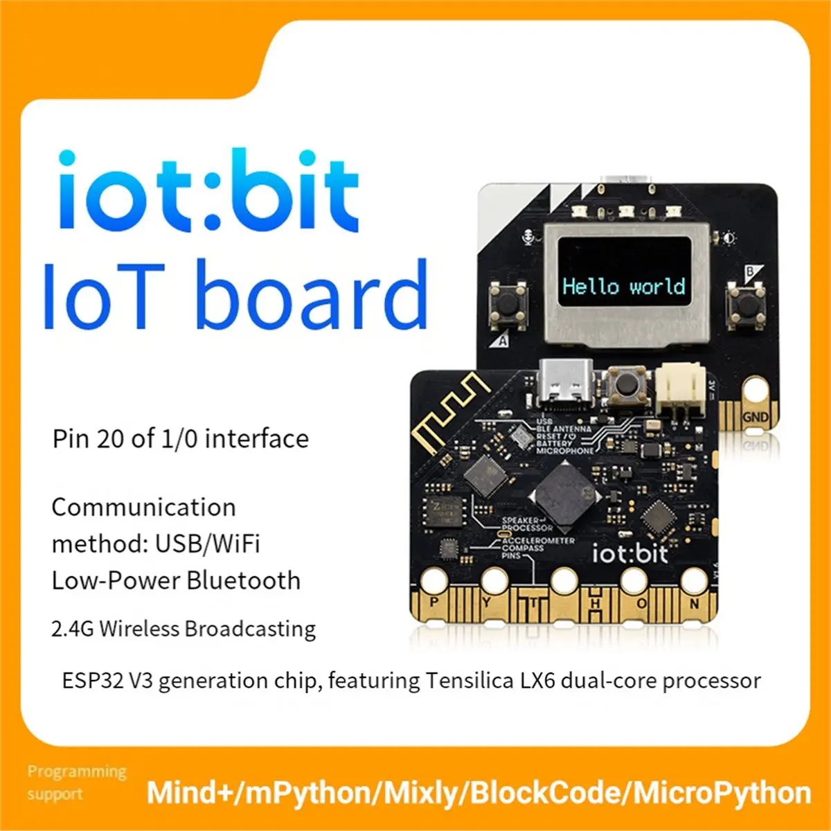 

Плата разработки Iot:Bit с экраном 0,96 дюйма, 2,4G радио/WIFI/BLE Bluetooth, программирование Mind+ Mixly