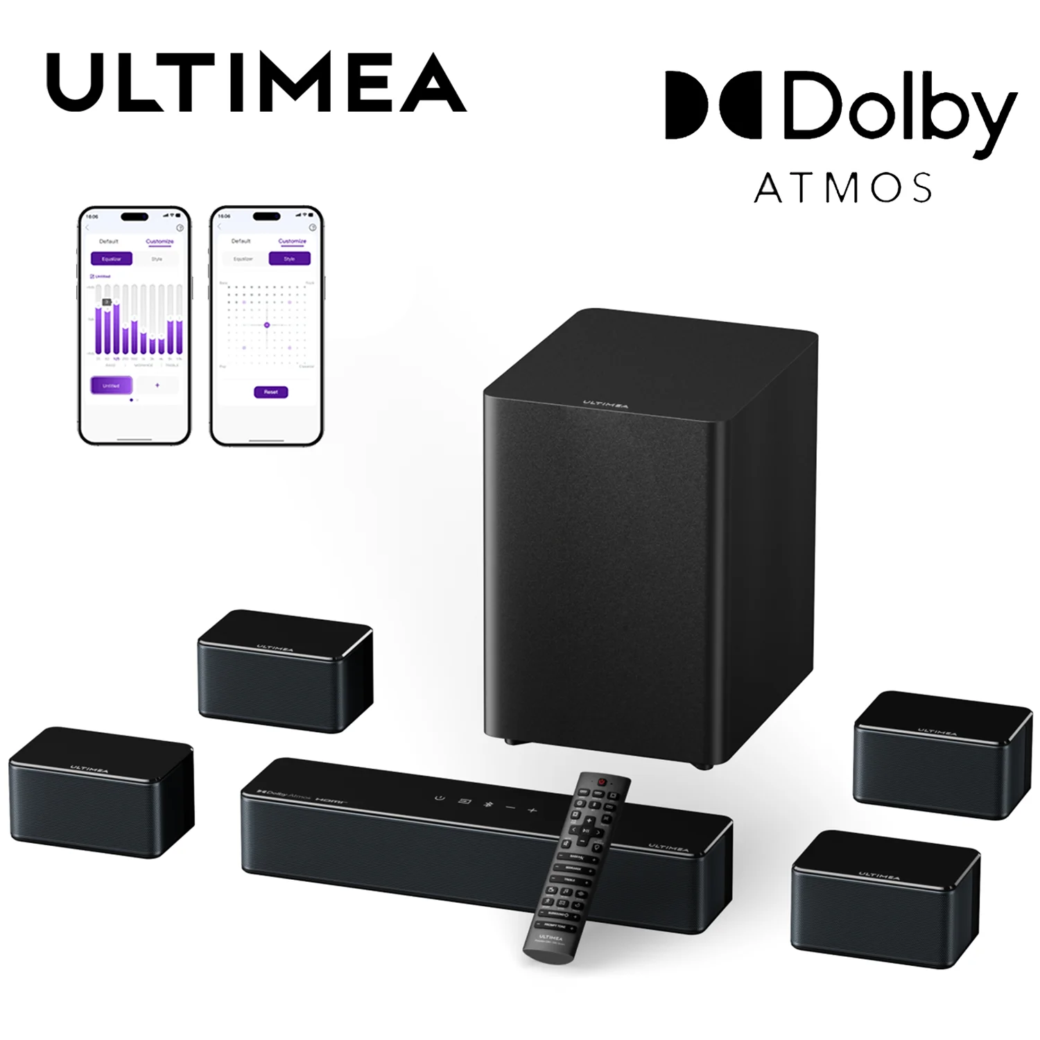 

ULTIMEA 7.1Ch Soundbar with Dolby Atmos, APP Control, Surround Sound System for TV, 4 Wired Surround Speakers, Sound Bar for TV